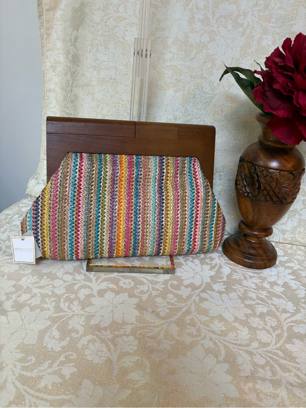 Shiraleah Multi-Color Woven Wood Frame Summer Clutch